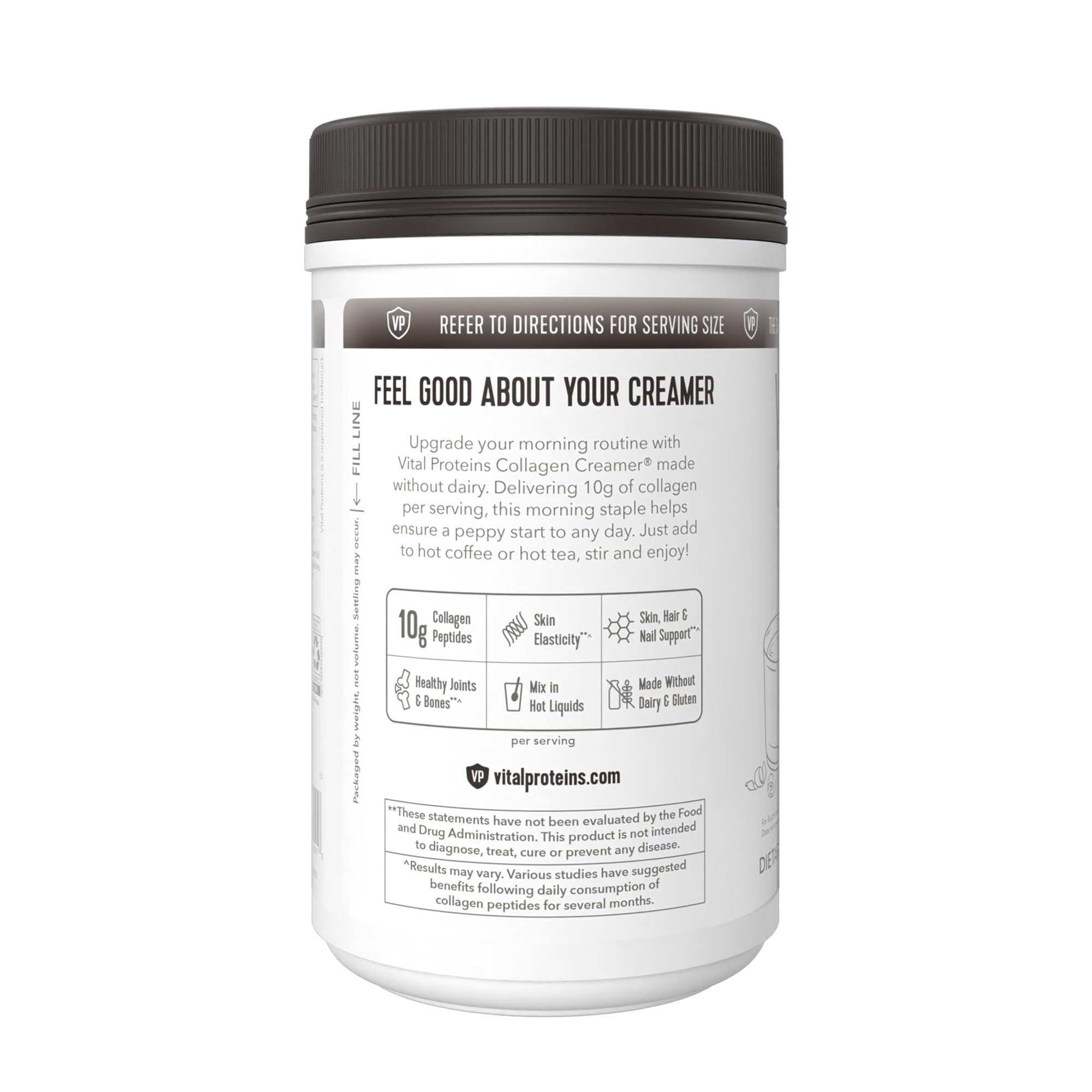 Vital Proteins collagen peptides mocha creamer dairy-free label signals gluten-free compatibility.