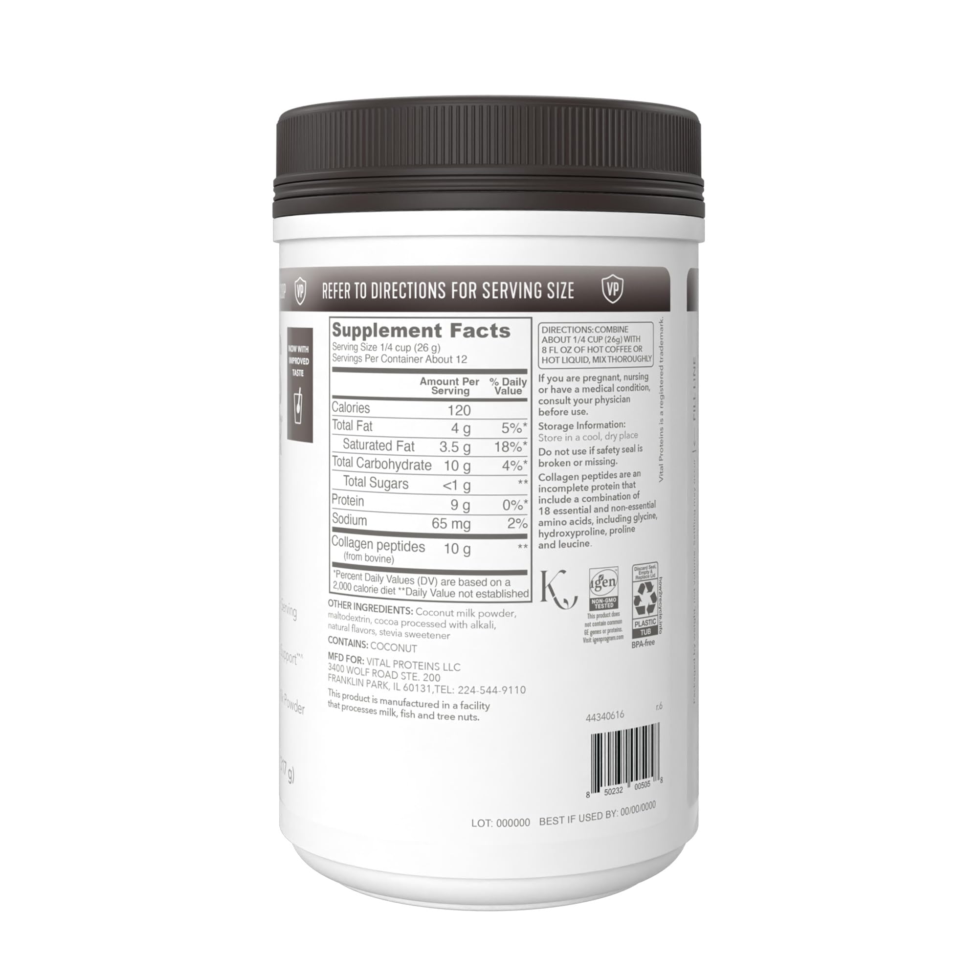 Vital Proteins collagen peptides mocha creamer glass jar sits ready for daily use.