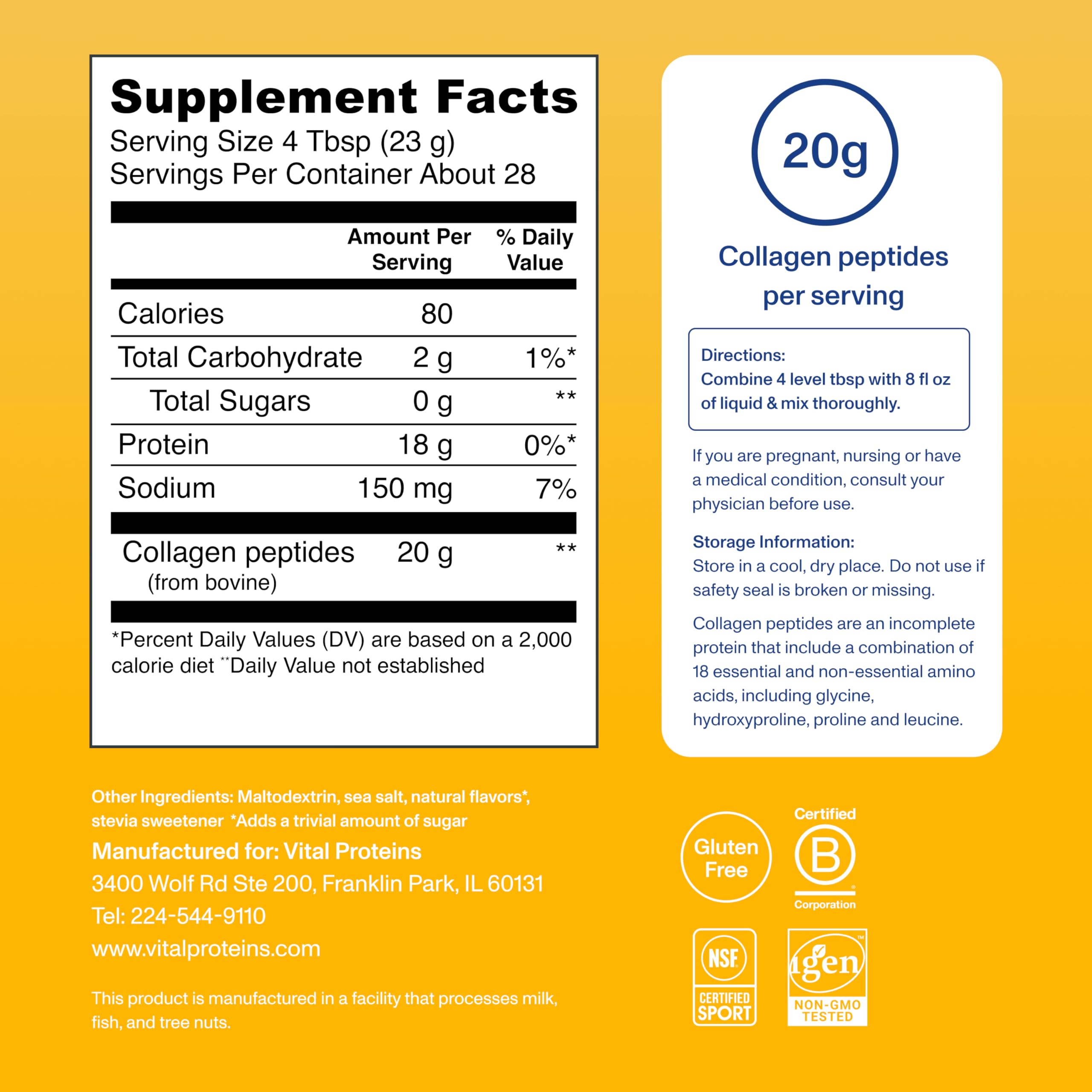 Vital Proteins Collagen Peptides Vanilla scoop emphasizes 20 g serving