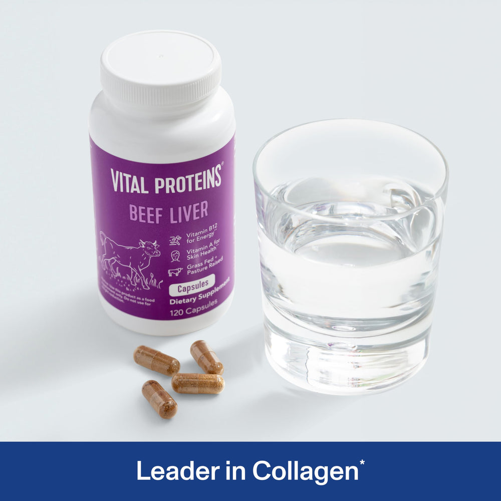 Vital Proteins grass-fed beef liver capsules close-up on shelf emphasizes quality.