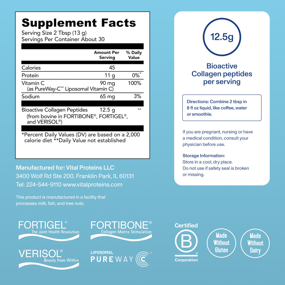 Vital Proteins Professional Daily Foundational powder beside water for quick blending and hydration.