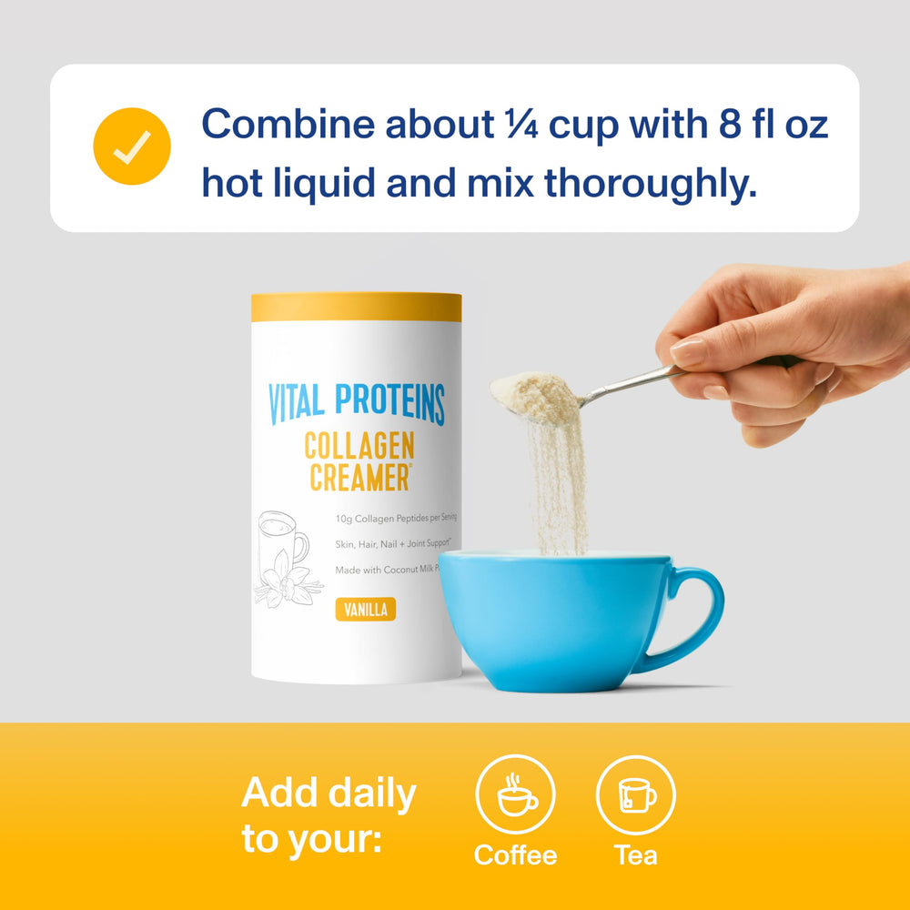 Vital Proteins vanilla collagen powder mixed into coffee for a creamy morning ritual.