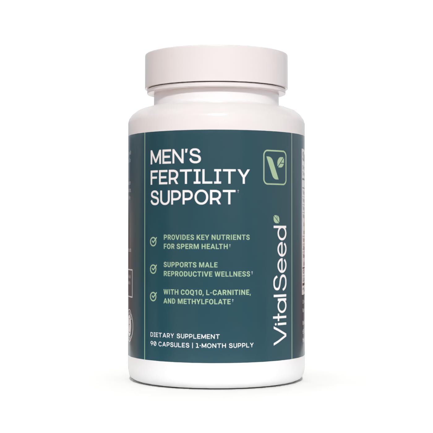Vital Seed Fertility Support bottle label highlighting the science-backed formula for male health