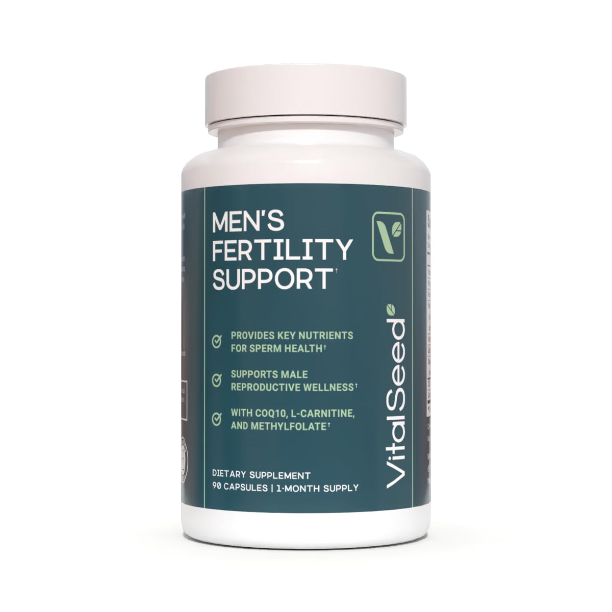 Vital Seed Fertility Support bottle label highlighting the science-backed formula for male health