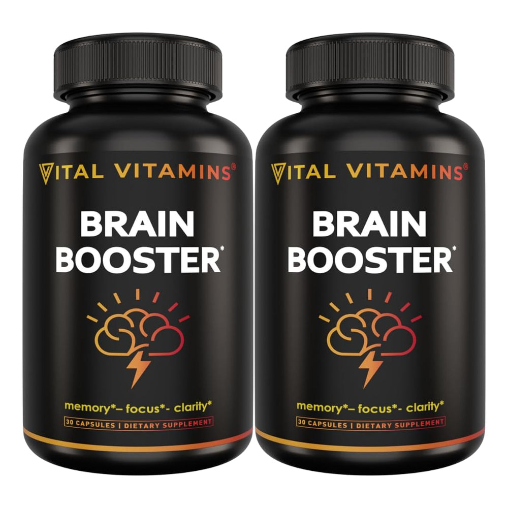 Vital Vitamins Brain Booster bottle on a desk signaling caffeine-free focus.