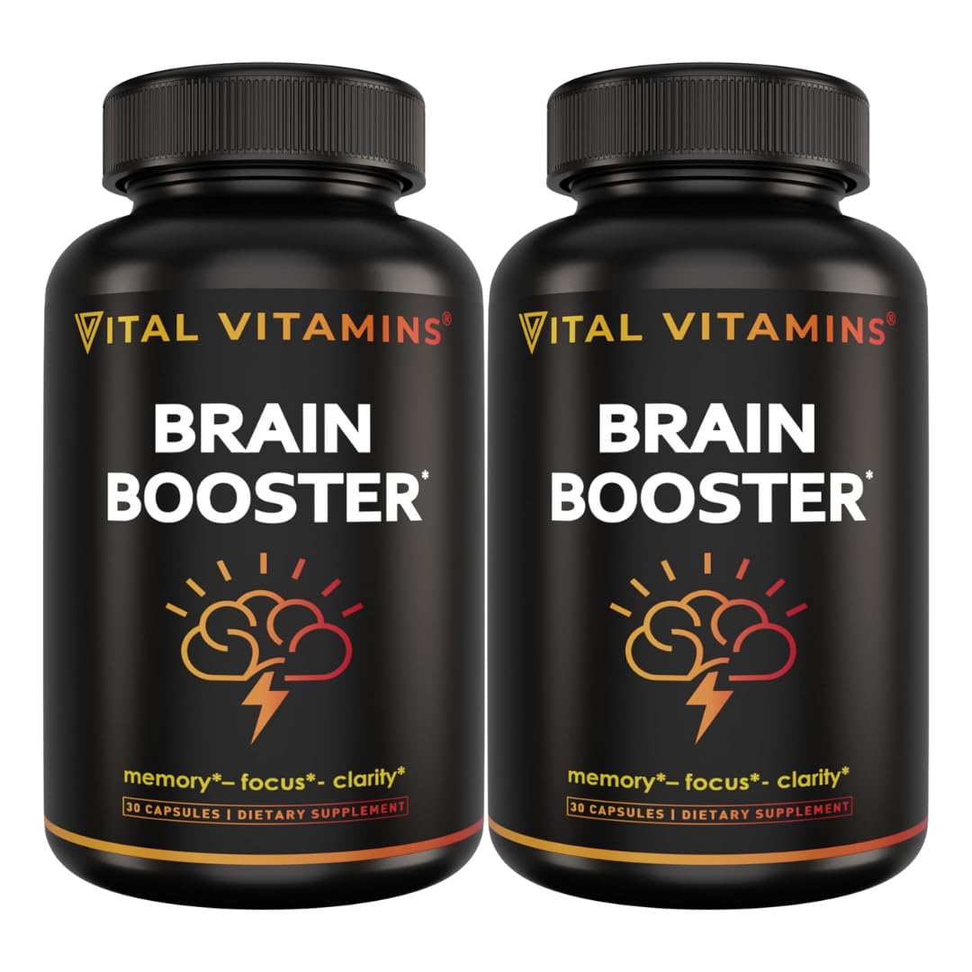 Vital Vitamins Brain Booster bottle on a desk signaling caffeine-free focus.