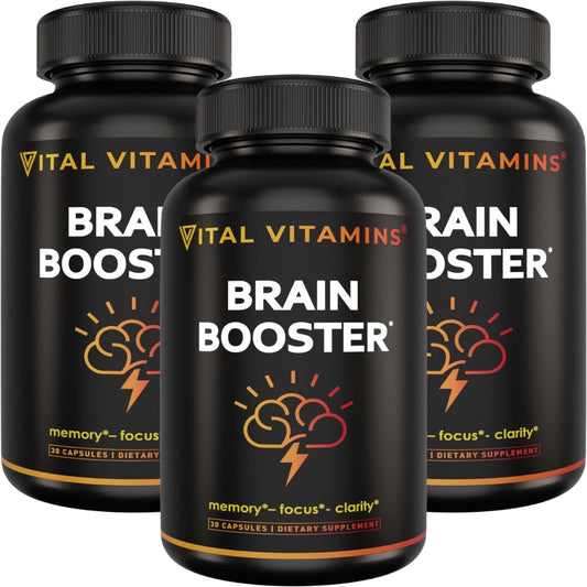 Vital Vitamins Brain Booster bottle on a clean desk for daily focus.
