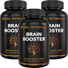 Vital Vitamins Brain Booster bottle on a clean desk for daily focus.