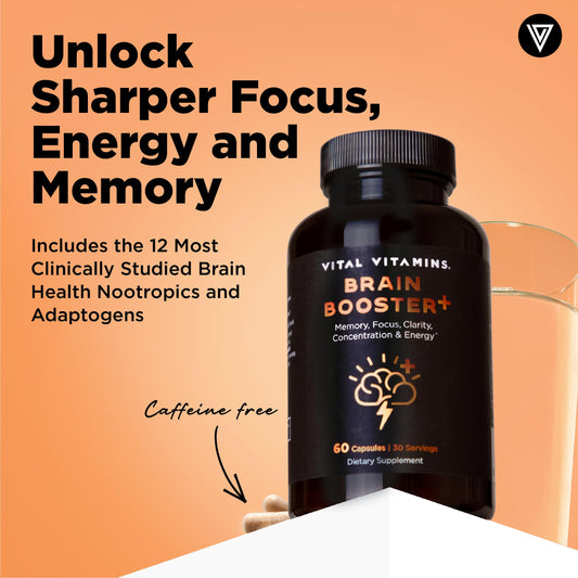 Vital Vitamins Brain Supplement Plus capsules close-up reveals Lion's Mane and Ginkgo ingredients