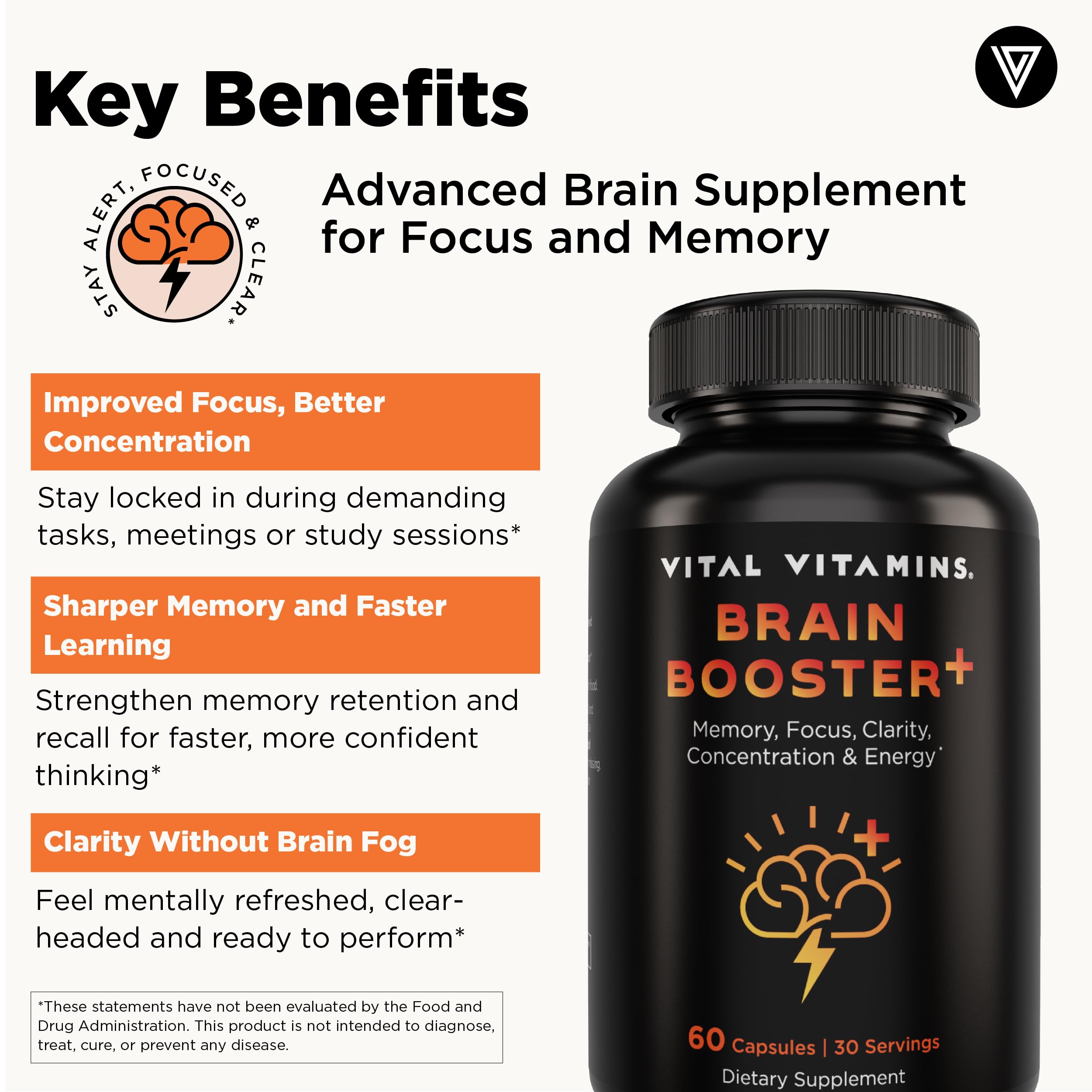 Vital Vitamins Brain Supplement Plus label detail highlights clean, responsibly sourced ingredients