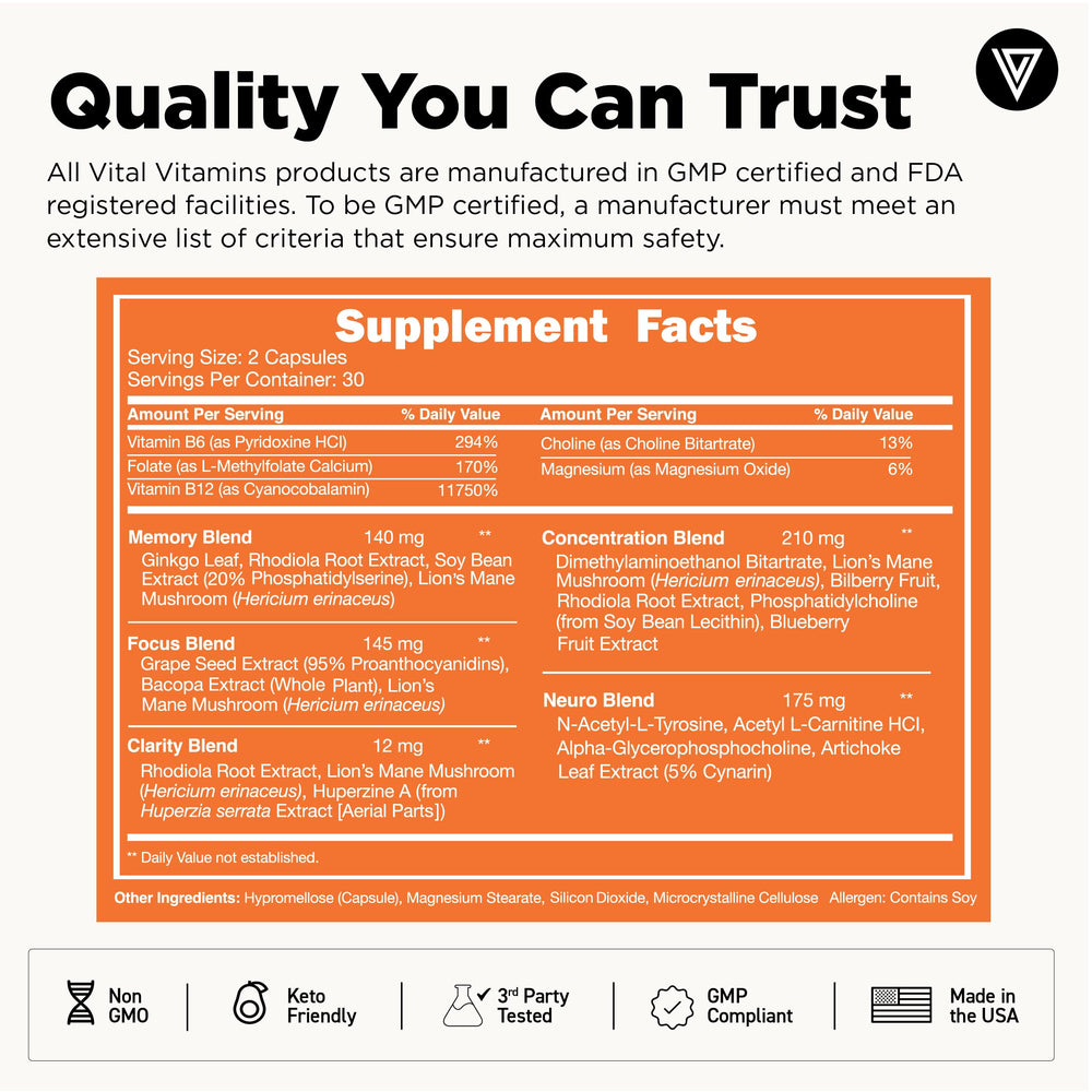 Vital Vitamins Brain Supplement Plus lifestyle scene geared toward daily cognitive care