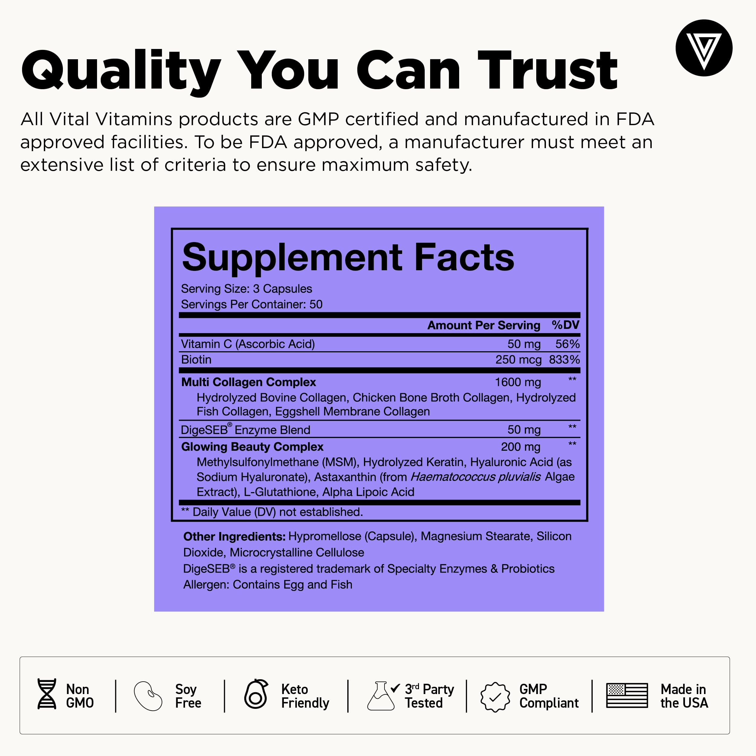 Vital Vitamins ingredients highlight with Vitamin C and Biotin