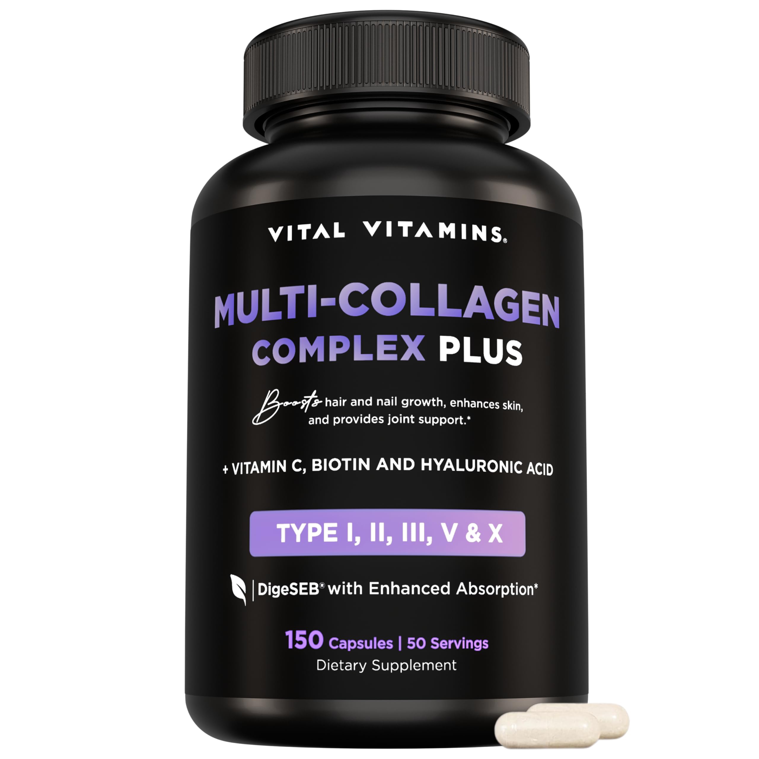 Vital Vitamins multi collagen capsules on the bottle for daily beauty routine