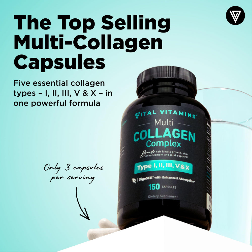 Vital Vitamins multi-collagen capsules closeup highlights compact, on-the-go capsules