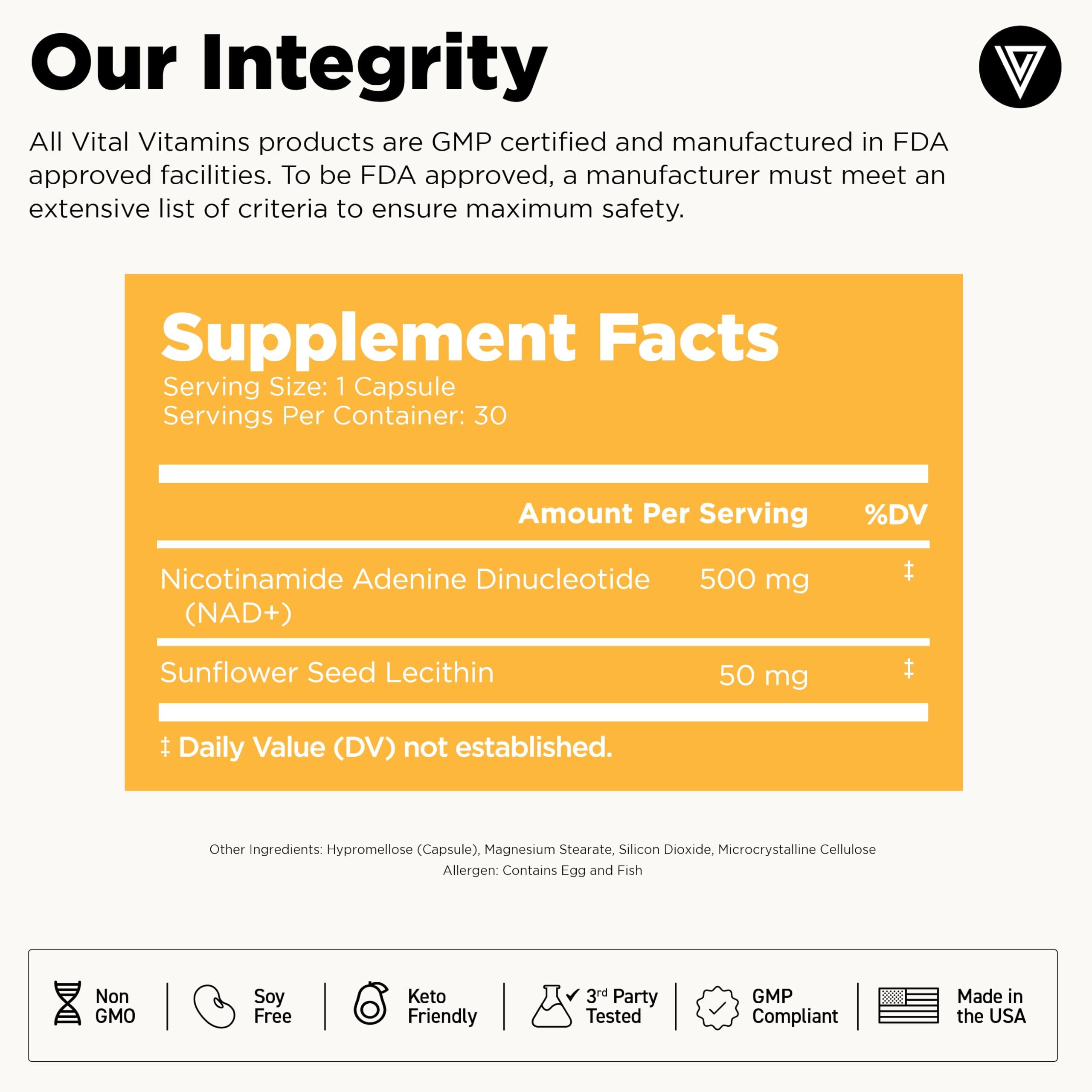 Vital Vitamins NAD sunflower lecithin detail indicating absorption support