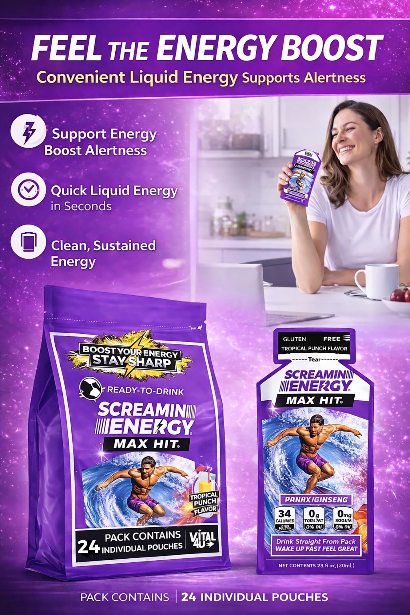 VITAL 4U Screamin Energy Max Hit bottle cap close-up emphasizes portable energy on demand.