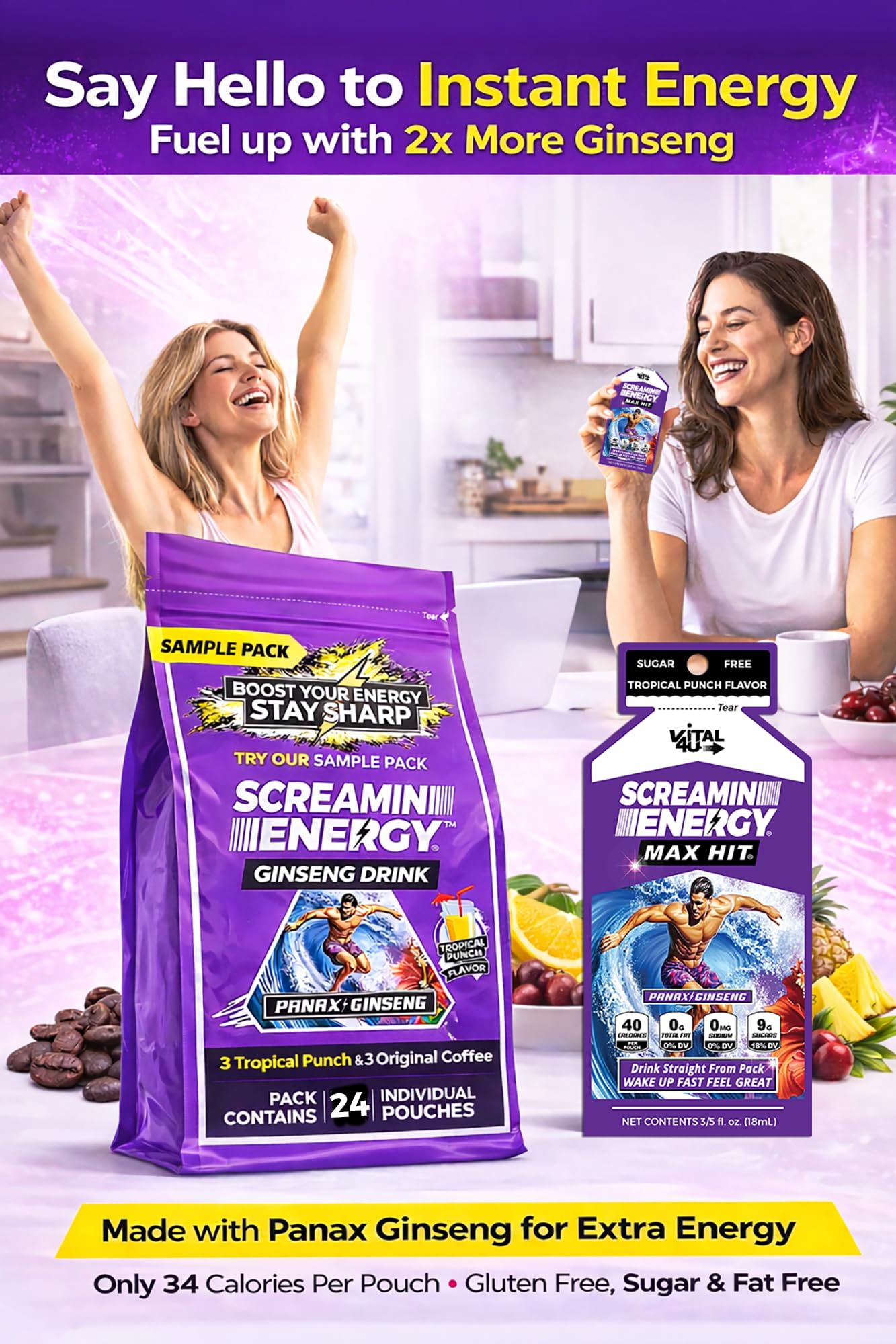 VITAL 4U Screamin Energy Max Hit caffeine and ginseng detail emphasizes rapid alertness.