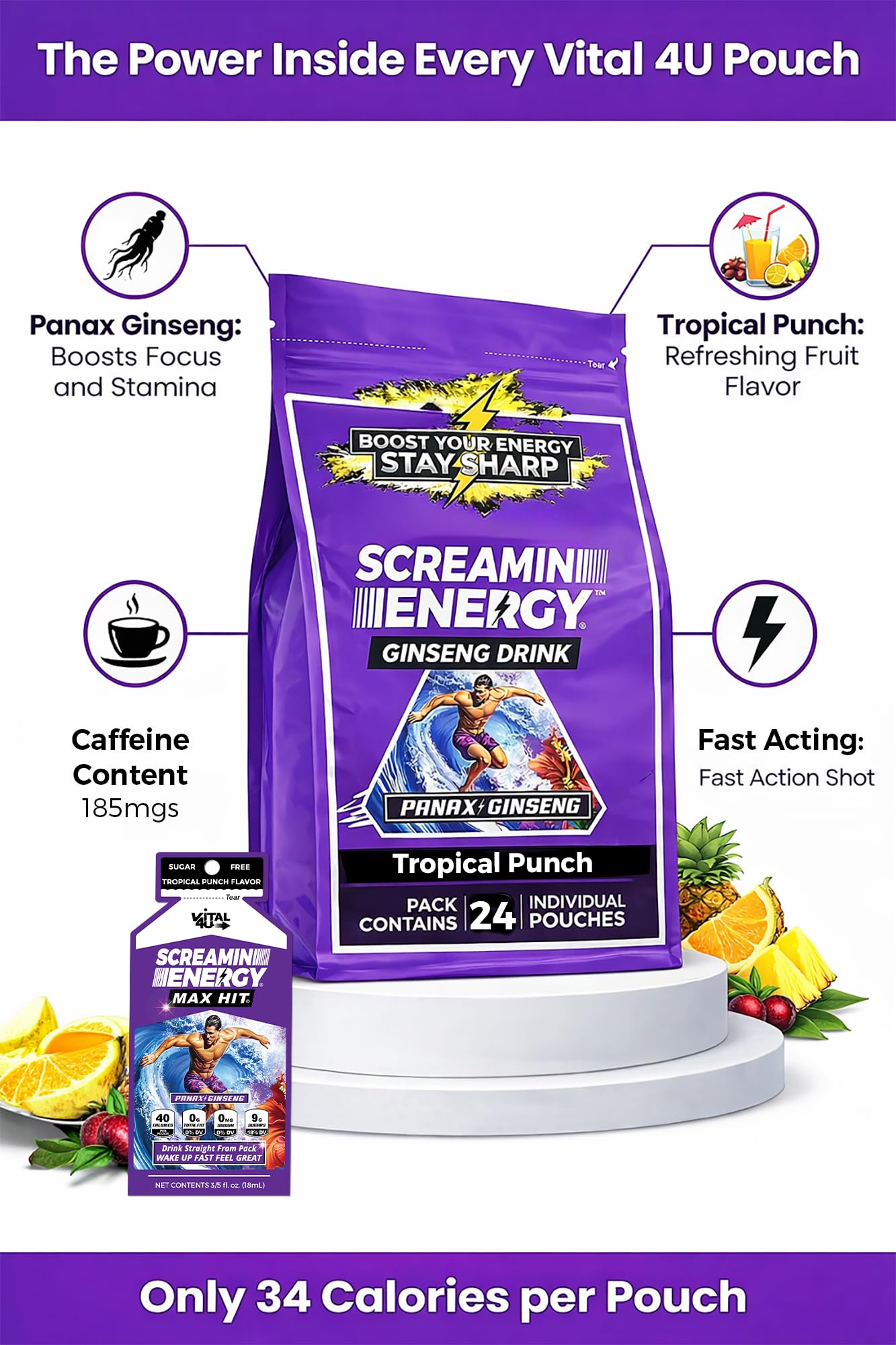 VITAL 4U Screamin Energy Max Hit sugar-free formula stands out for steady boost.