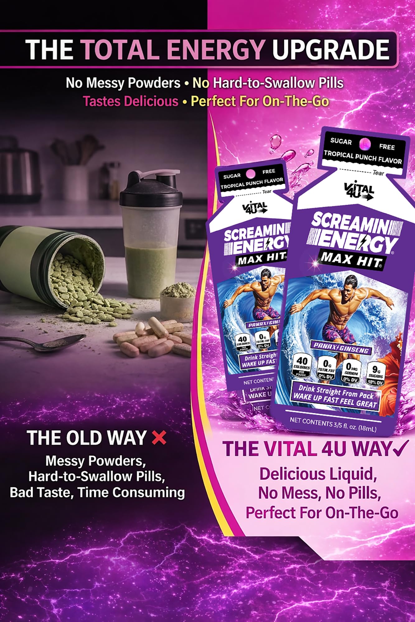 VITAL 4U Screamin Energy Max Hit tropical flavor splash conveys refreshing taste.