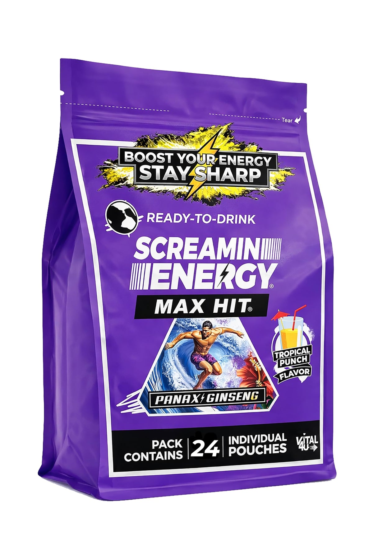 VITAL 4U Screamin Energy Max Hit tropical punch bottle showcases sugar-free energy.