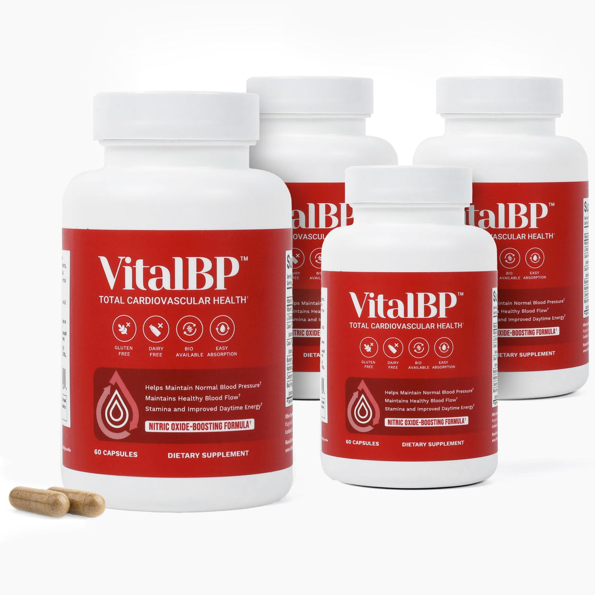 VitalBP four-pack bottles on desk, supporting daily circulation and balance