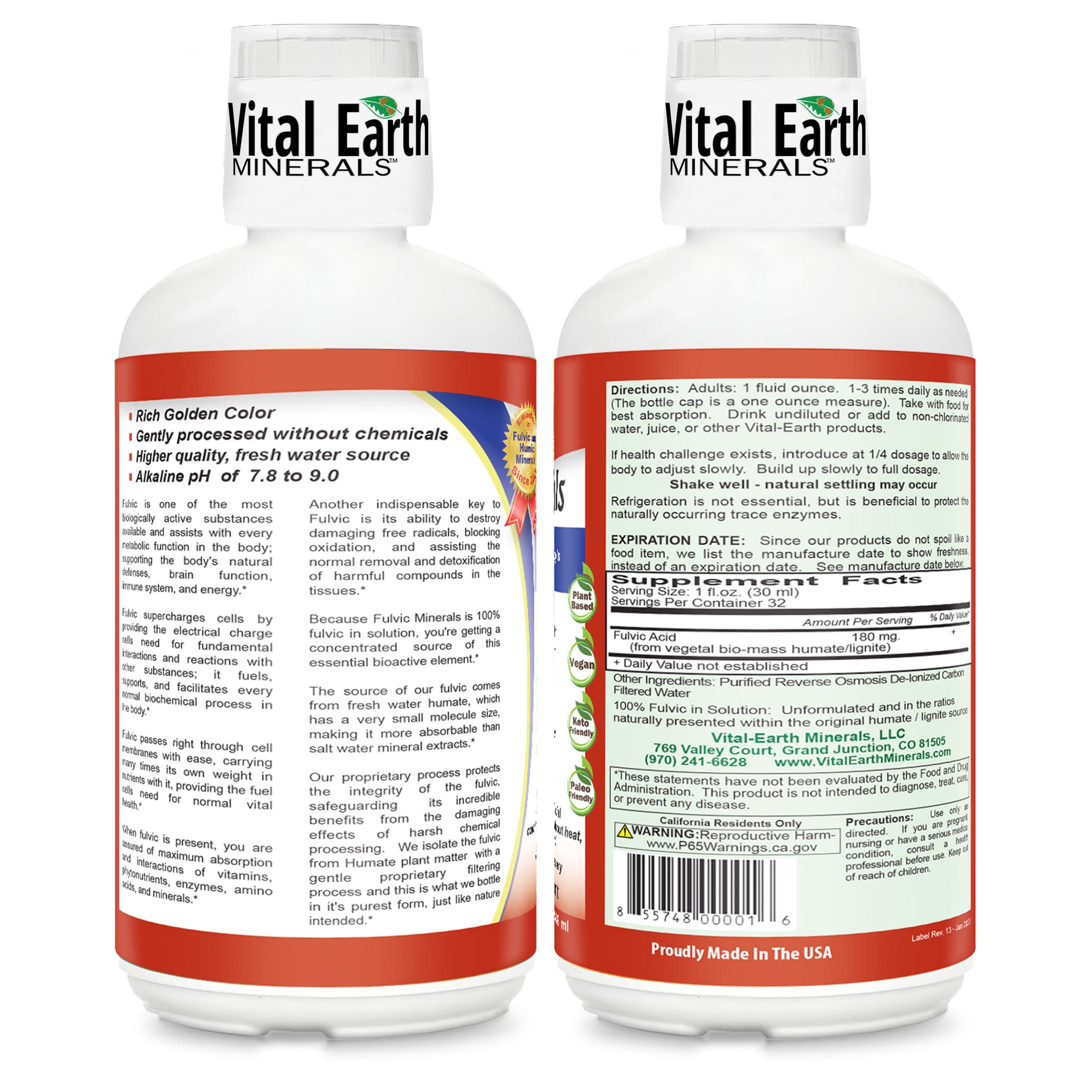 Vital Earth Minerals fulvic-acid liquid with neutral taste for easy mixing.