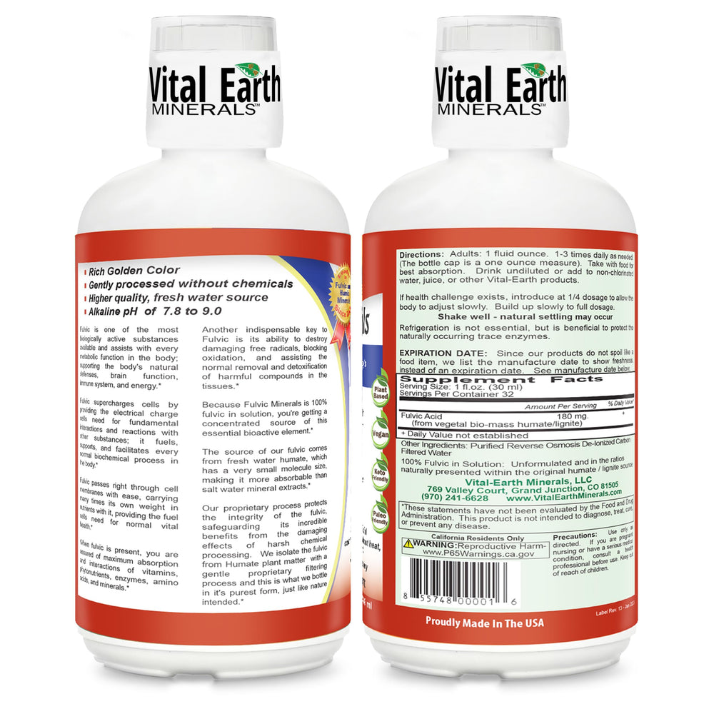 Vital Earth Minerals fulvic-acid liquid with neutral taste for easy mixing.