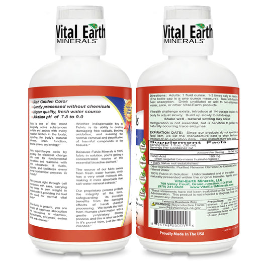 Vital Earth Minerals fulvic-acid liquid with neutral taste for easy mixing.