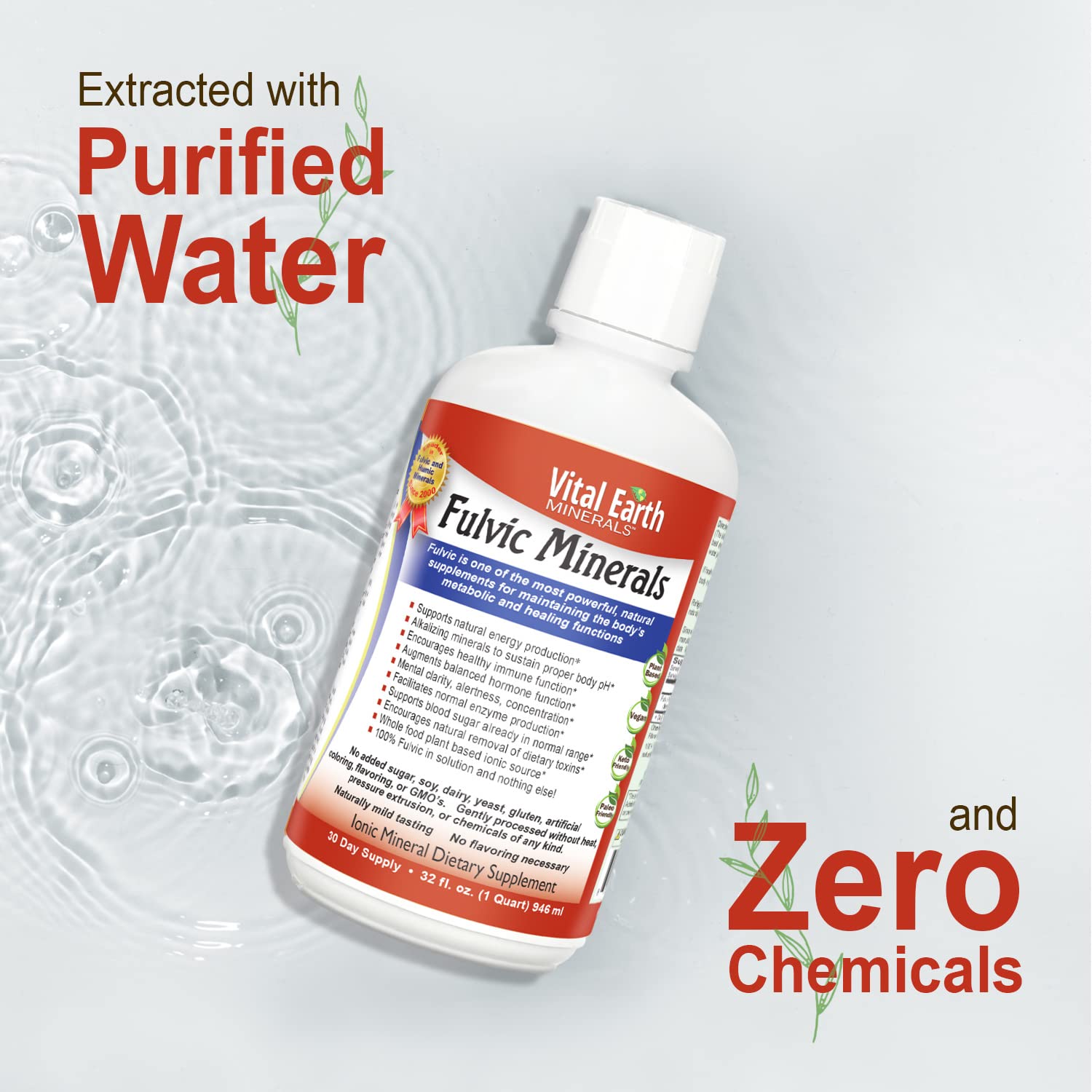 Vital Earth Minerals glass with water suggests hydration and vitality.
