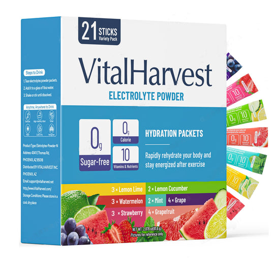 VitalHarvest electrolyte packets in packaging for on-the-go hydration