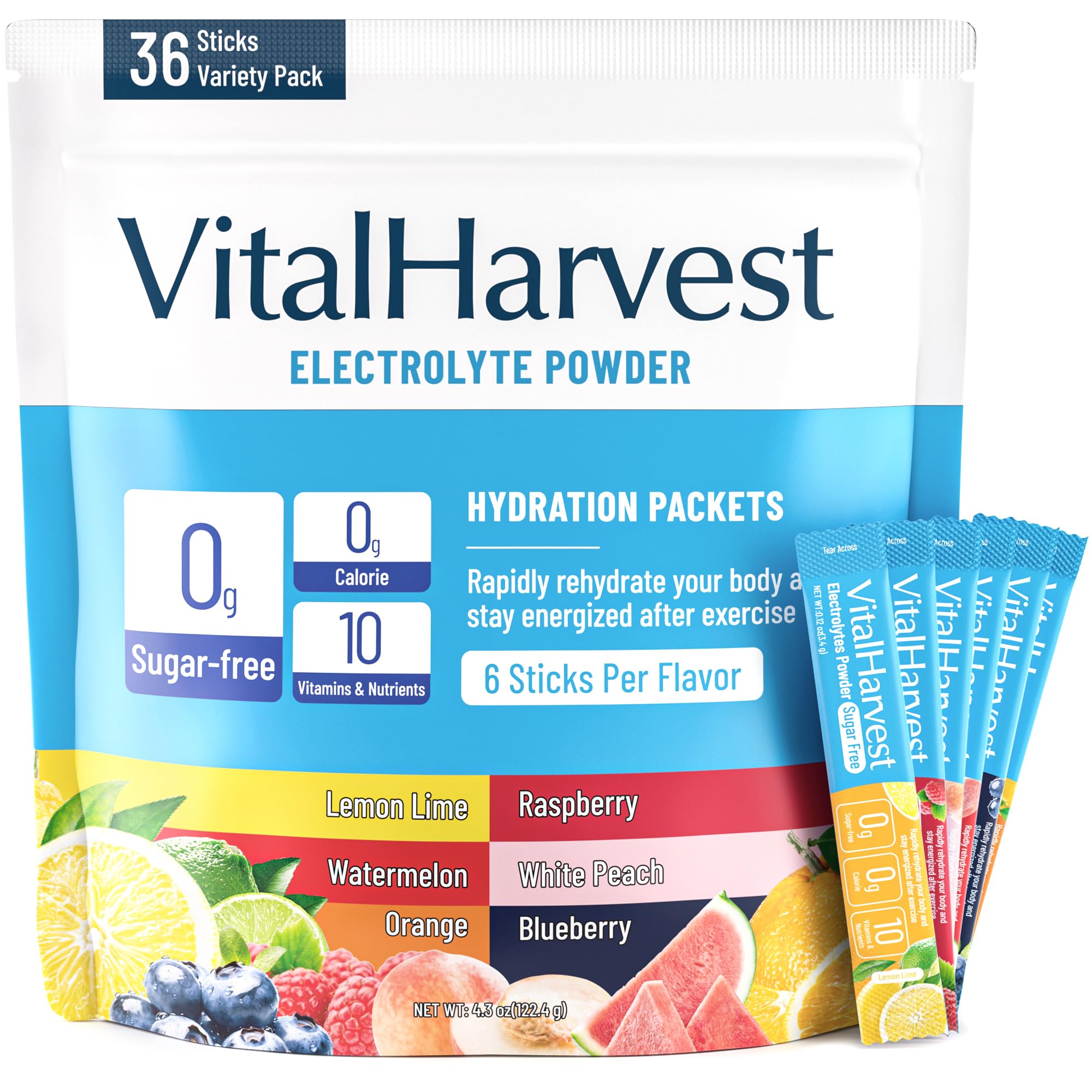 VitalHarvest 36-sticks box front ideal for on-the-go hydration during workouts.
