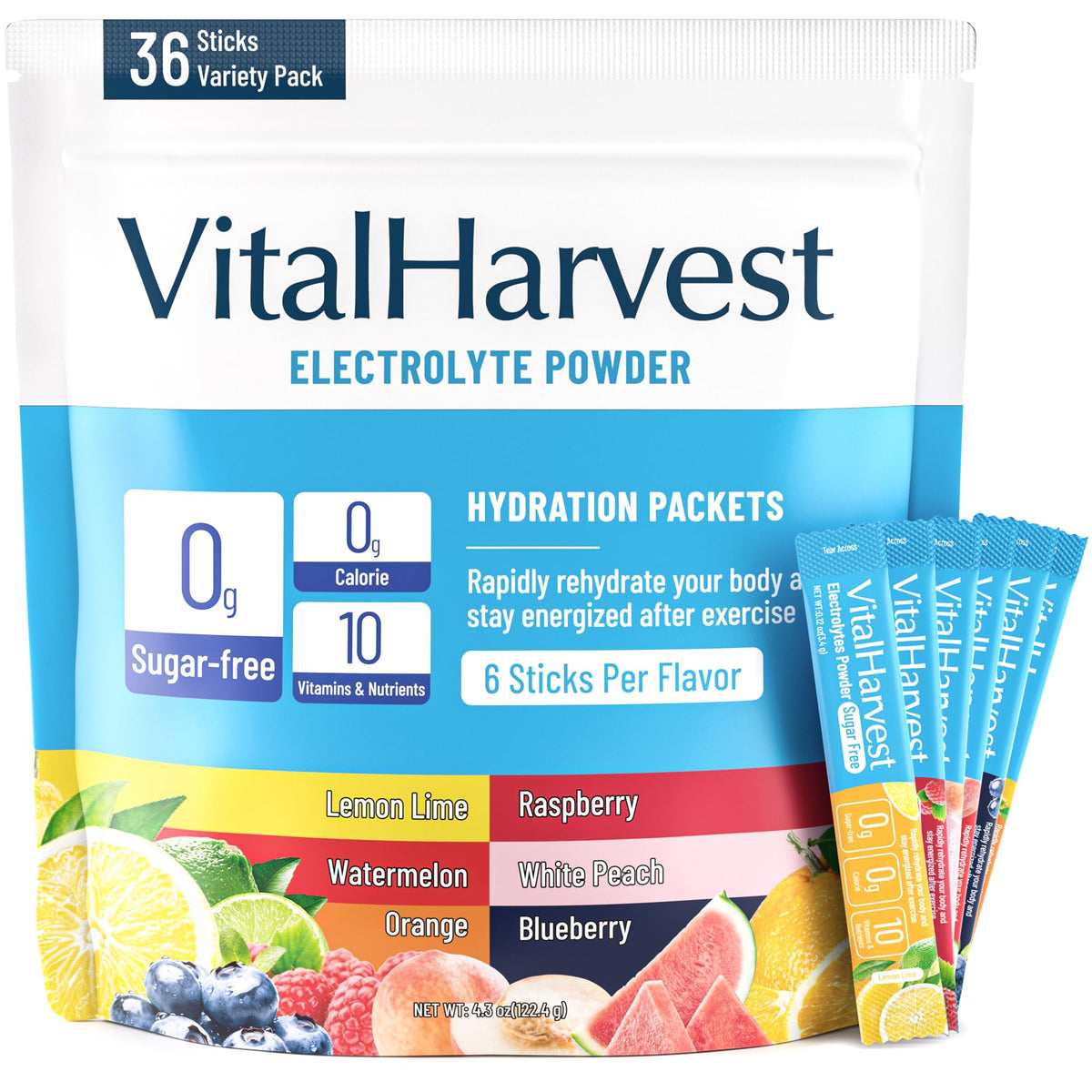 VitalHarvest 36-sticks box front ideal for on-the-go hydration during workouts.