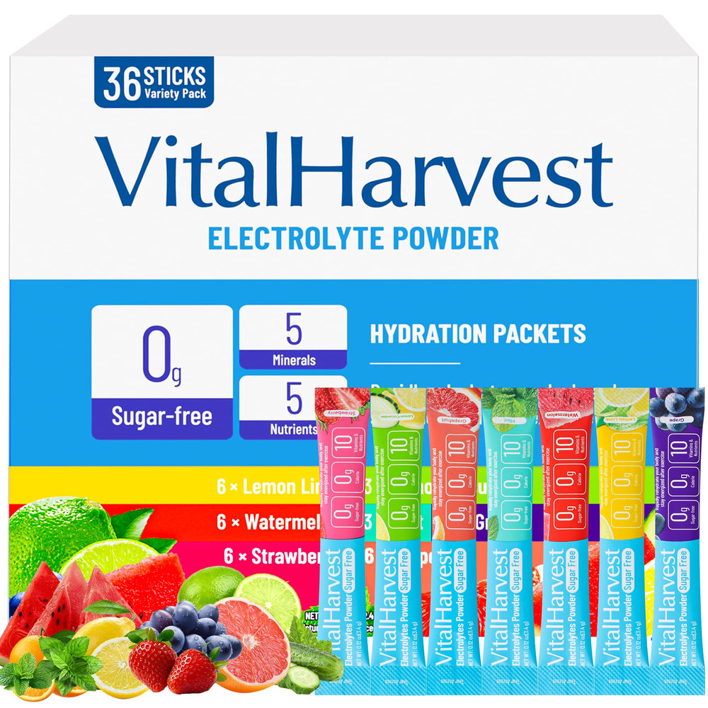 VitalHarvest 36-sticks Lemon Lime packets for quick, sugar-free hydration on the go.