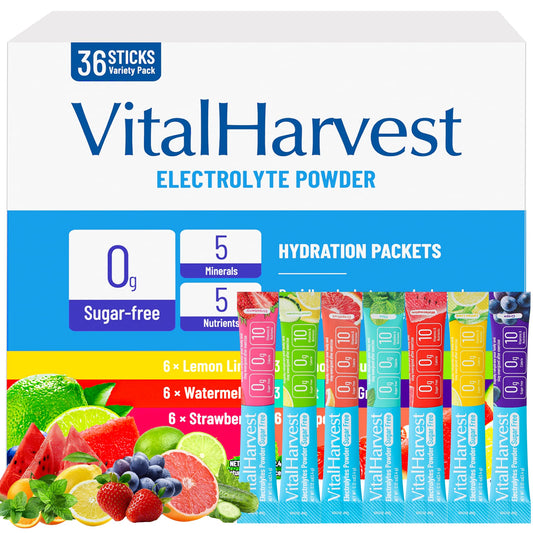 VitalHarvest 36-sticks Lemon Lime packets for quick, sugar-free hydration on the go.