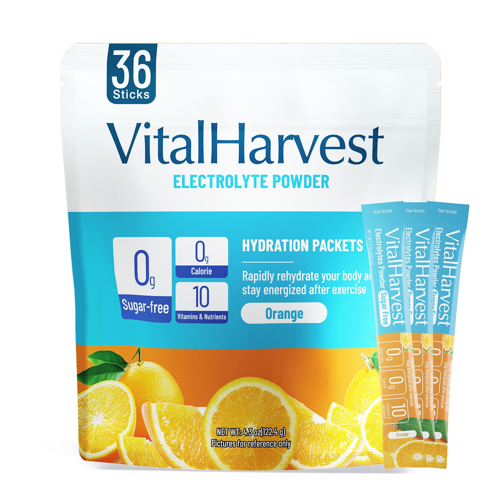 VitalHarvest 36 Sticks orange packets close-up for on-the-go hydration.