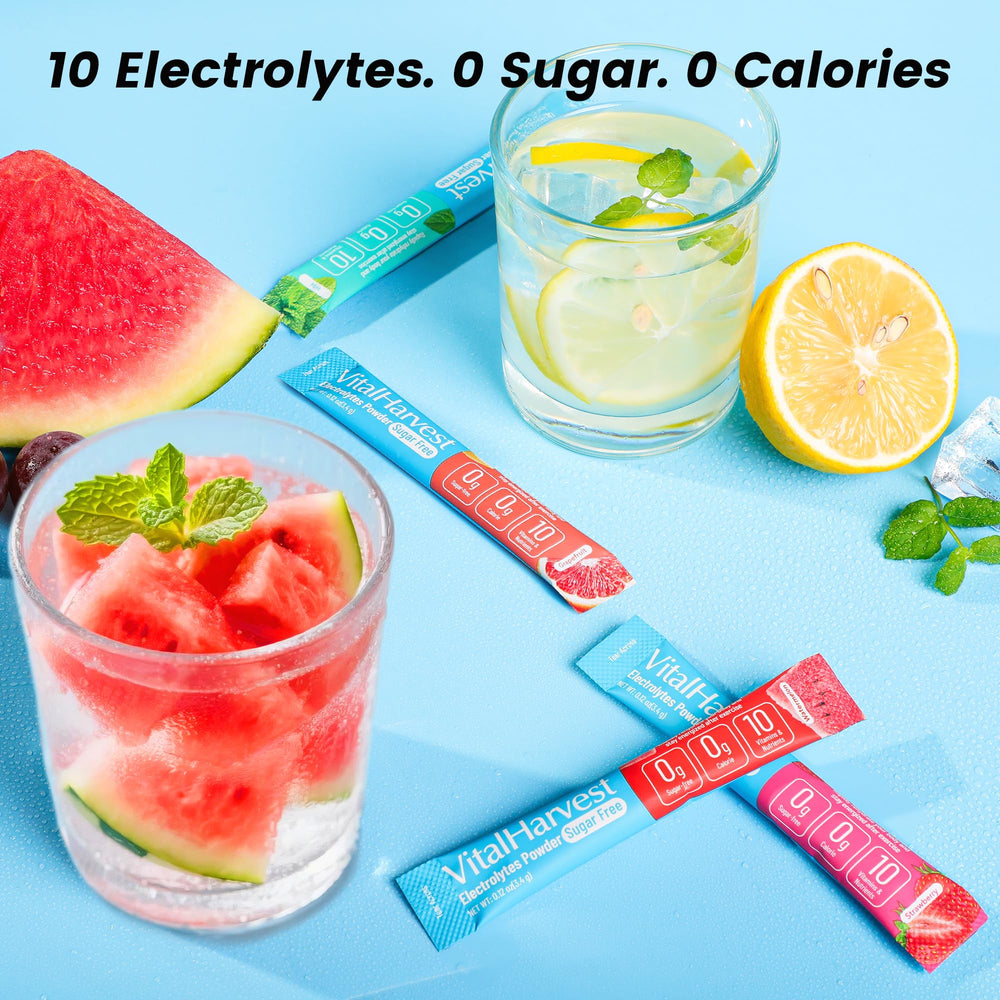 VitalHarvest 36-sticks Strawberry packets provide flavorful electrolyte support during activity.