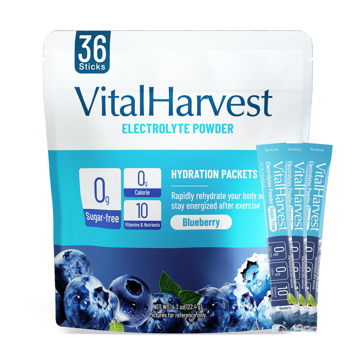 VitalHarvest blueberry electrolyte packet dissolving quickly for refreshing hydration during workouts