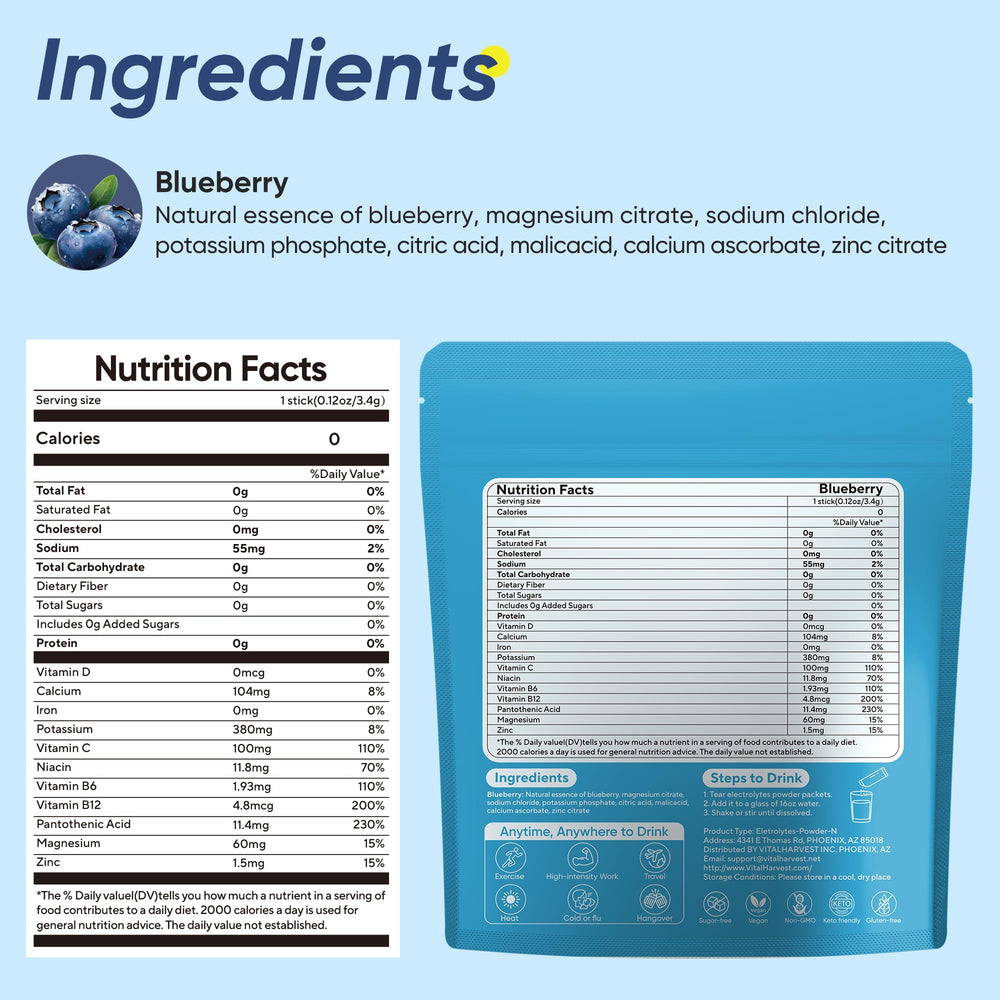 VitalHarvest blueberry electrolyte drink in glass showing clear, sugar-free hydration