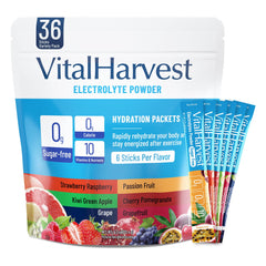 VitalHarvest electrolytes strawberry raspberry packets for refreshing hydration on the go.