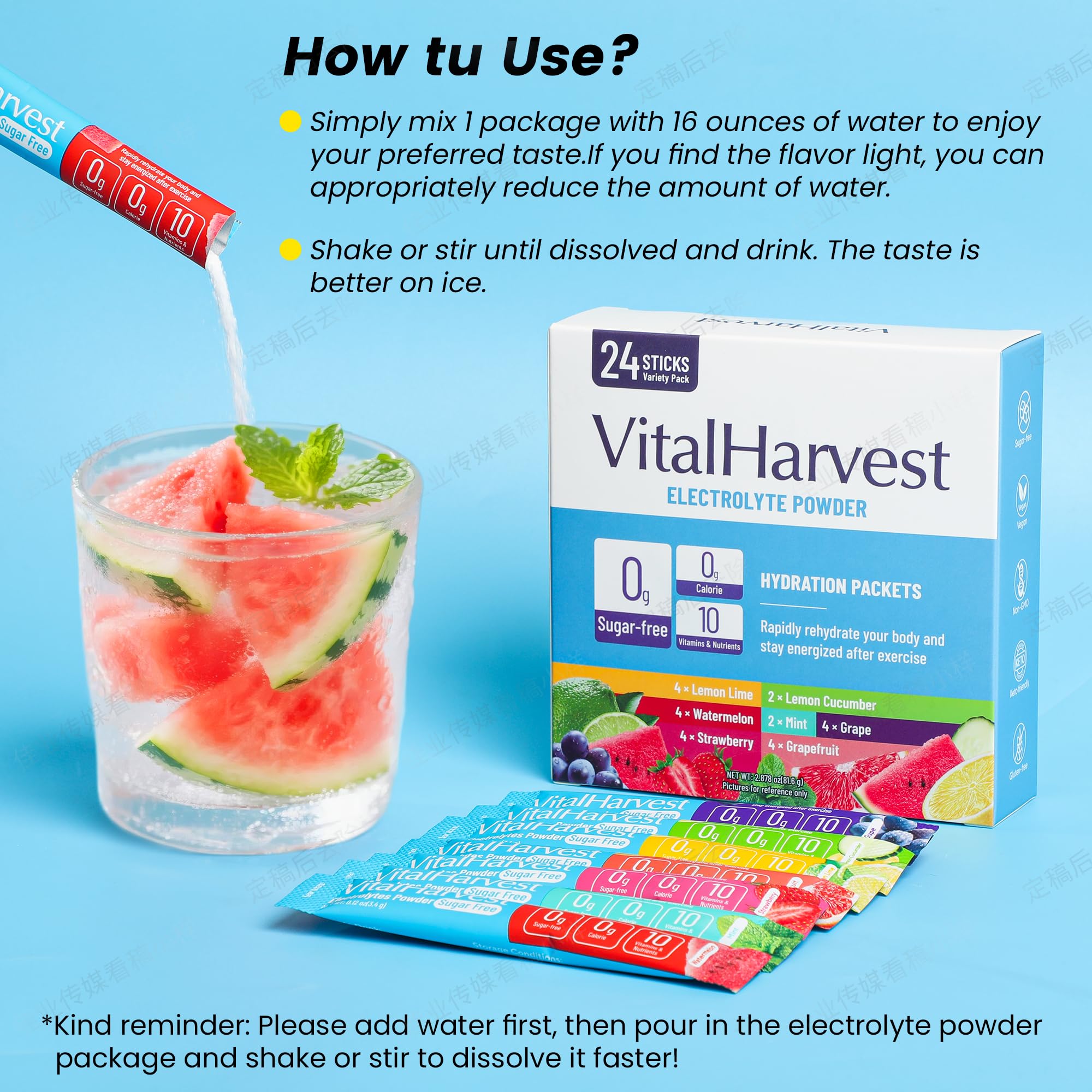 VitalHarvest grapefruit electrolyte packet served on ice for cooling hydration