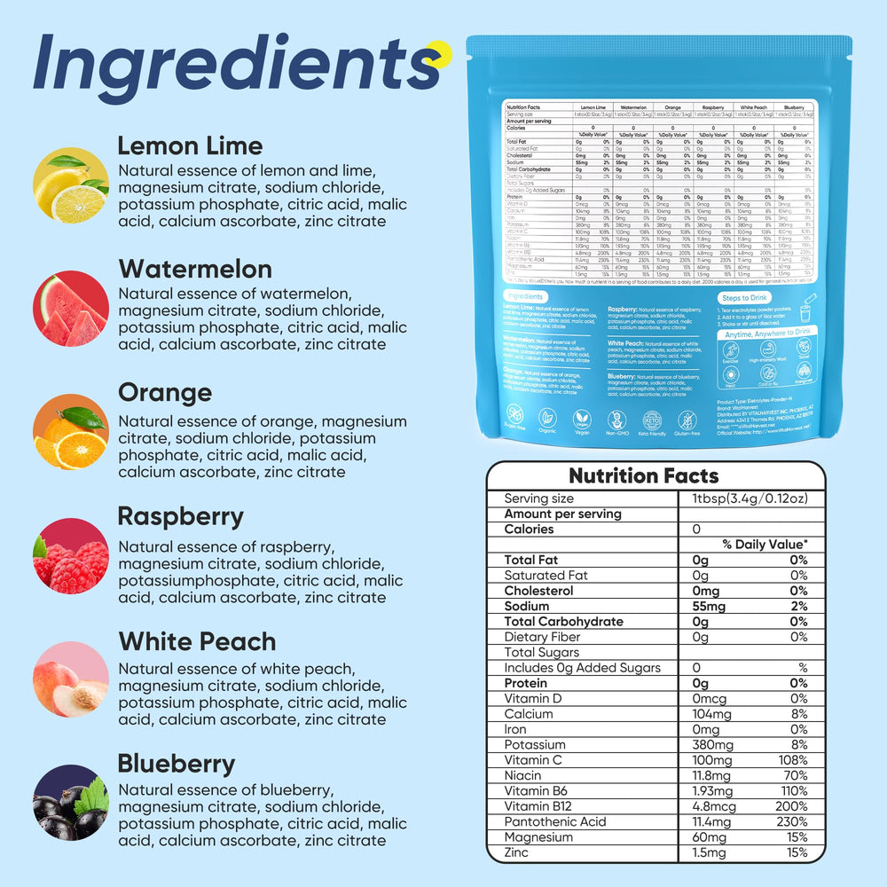 VitalHarvest lemon-lime packet delivers sugar-free hydration for daily energy.