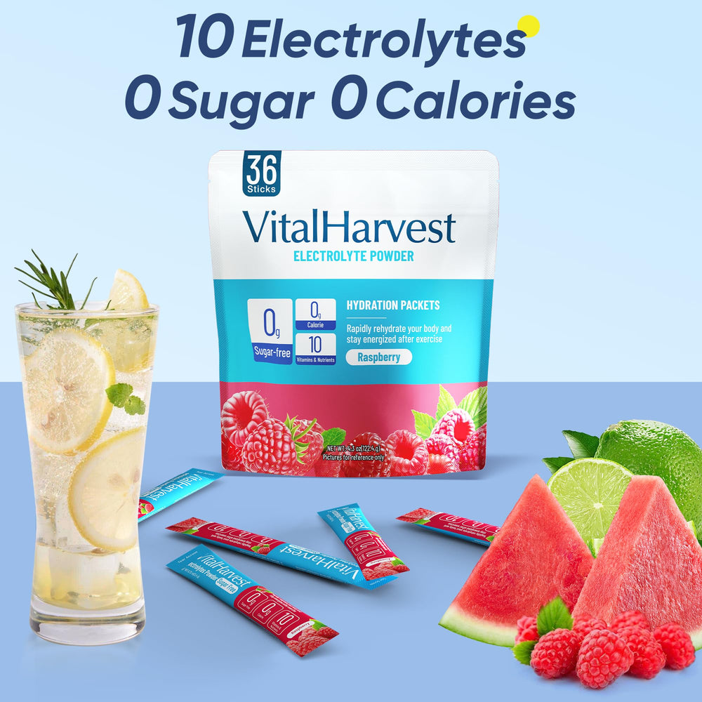 VitalHarvest sugar-free electrolyte powder highlighting low sugar hydration