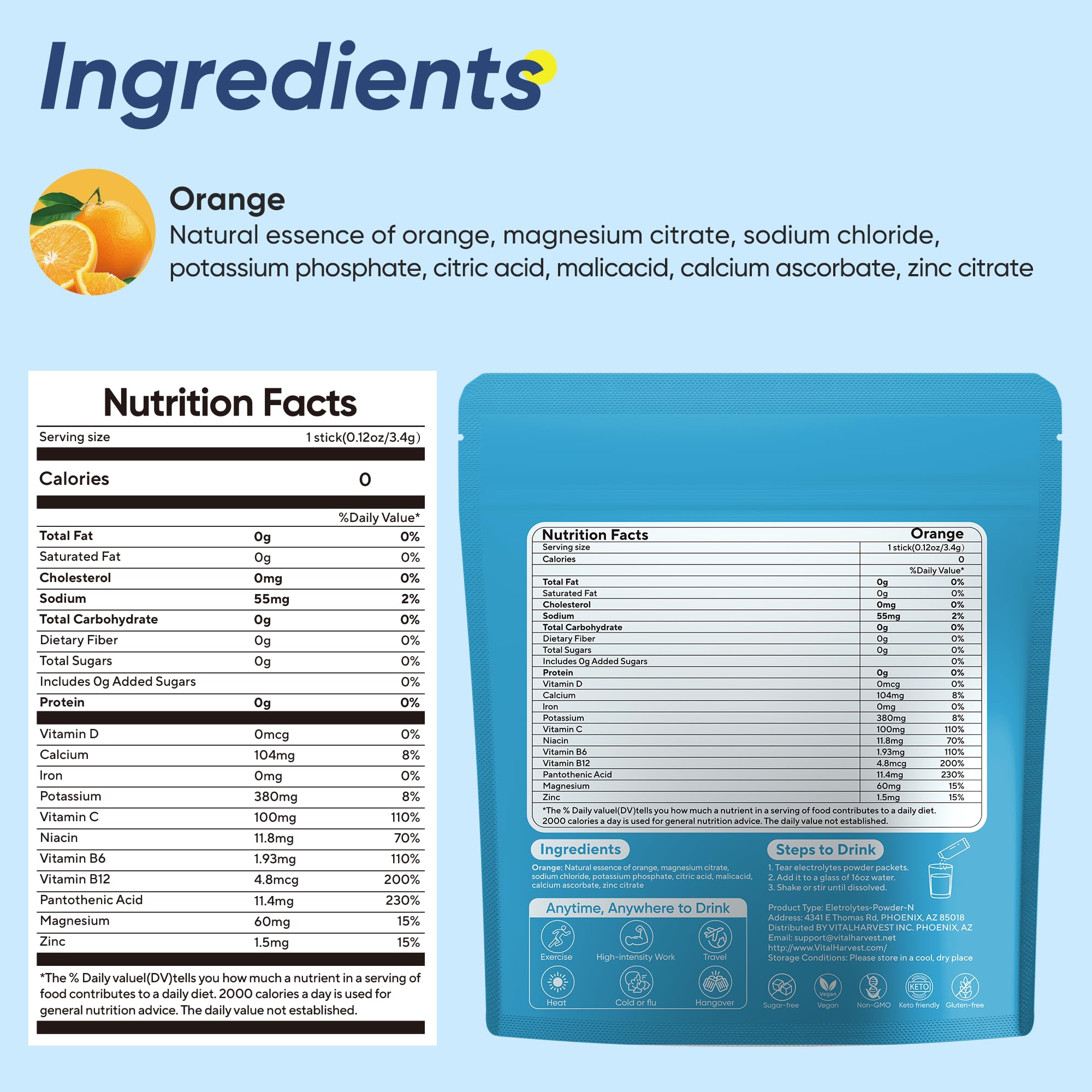 VitalHarvest sugar-free hydration packets spotlight for convenient refreshment.