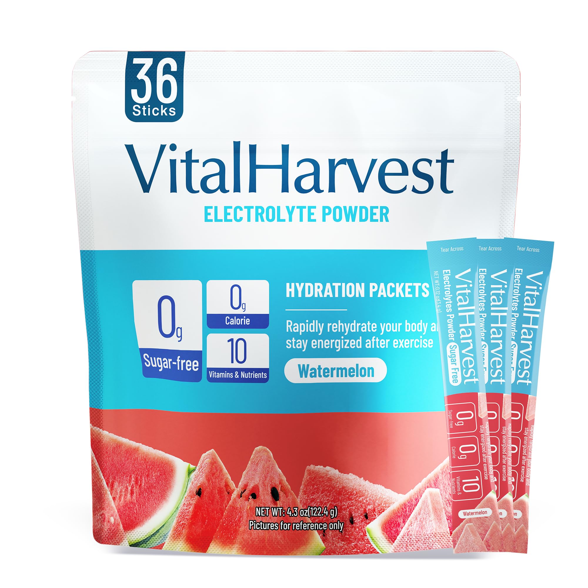 VitalHarvest Watermelon electrolyte packet for refreshing hydration on the go.