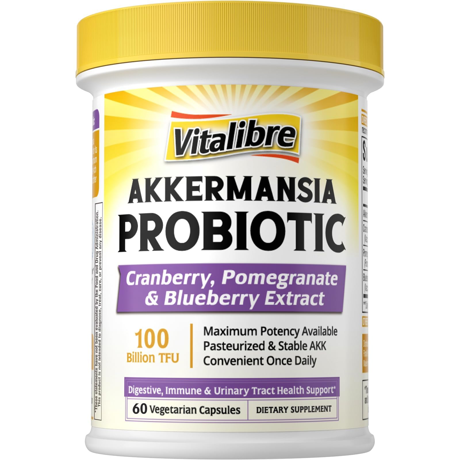 Vitalibre Akkermansia Probiotics bottle showing high-potency 100B TFU formula for daily digestive support.