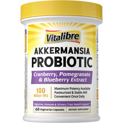 Vitalibre Akkermansia Probiotics bottle showing high-potency 100B TFU formula for daily digestive support.