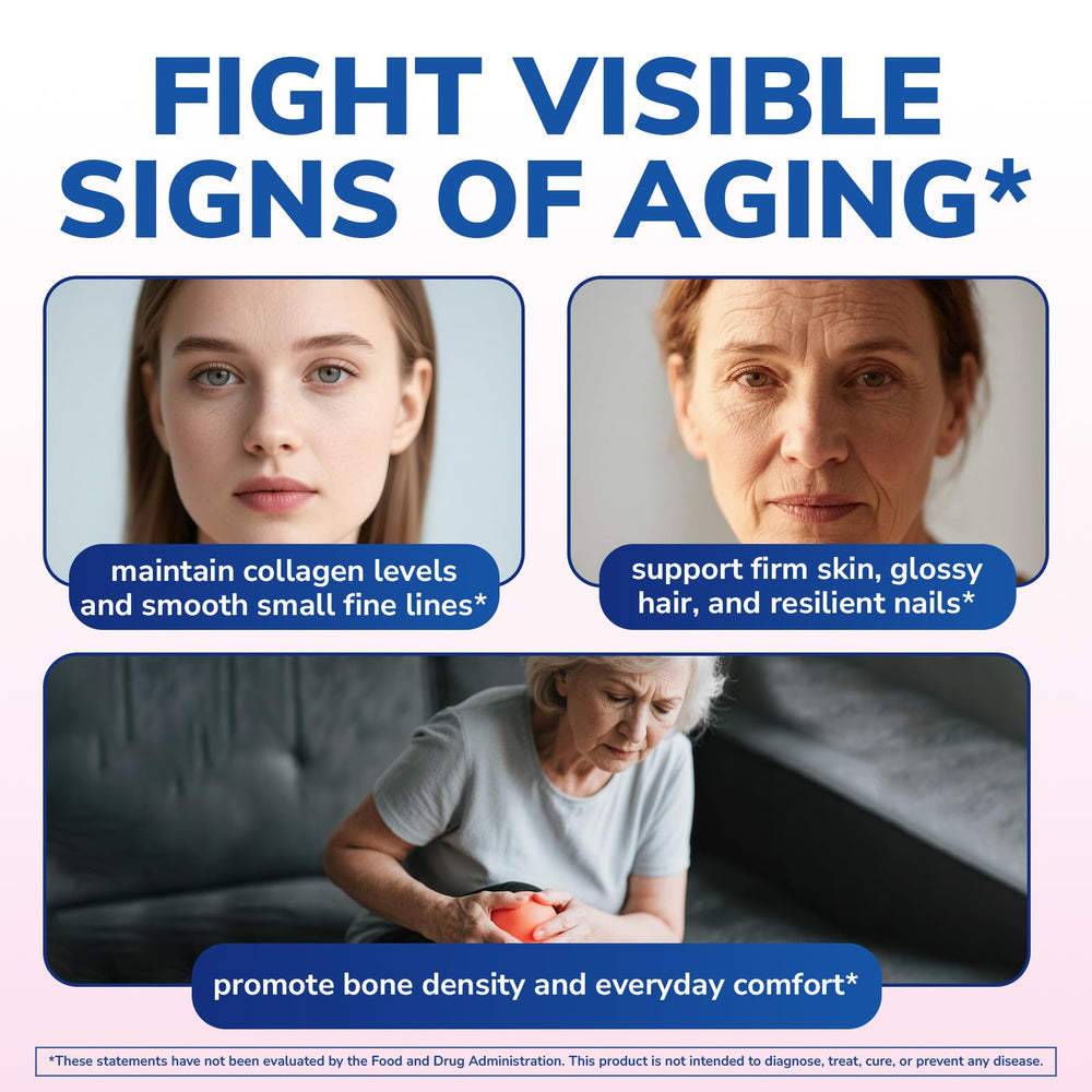 Vitalibre collagen-types-i-ii-iii display shows broad skin and joint benefits.