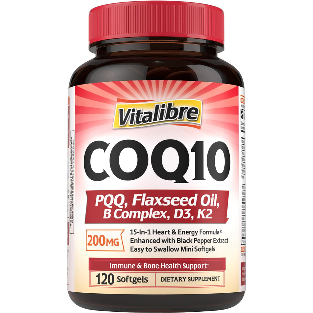Vitalibre CoQ10 200mg bottle close-up highlighting energy support.