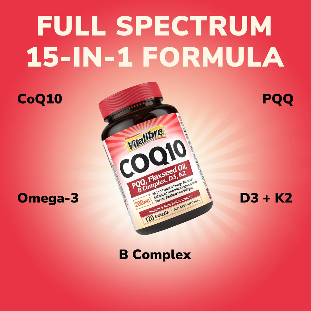 Vitalibre CoQ10 with PQQ and omega-3 softgels for metabolic health.