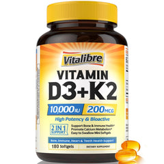 Vitalibre D3 K2 bottle closeup showing 10000 IU D3 and 200 mcg K2 MK-7 for bone support.